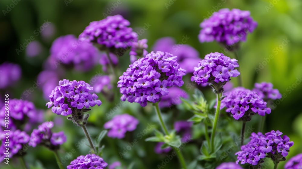 Vibrant clusters of purple flowers blooming in a lush garden during the warm spring season Vibrant clusters of purple flowers blooming in a lush garden during the warm spring season