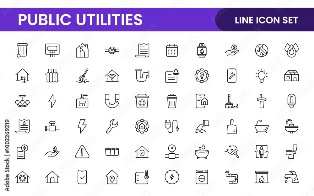 Public utilities linear signed icon collection. Signed thin line icons collection. Set of public utilities simple outline icons. Public utilities linear signed icon collection. Signed thin line icons collection. Set of public utilities simple outline icons.