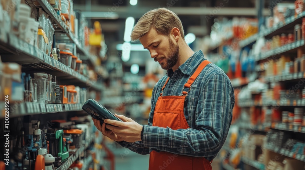 Worker in an Orange Apron Examining an Item in a Hardware Store Worker in an Orange Apron Examining an Item in a Hardware Store