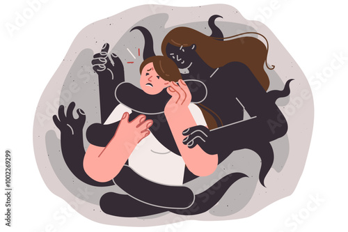 Panic attack in woman, become victim mental disorder in form of monster using strangulation