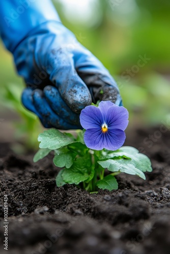 Gardener planting vibrant yellow and orange flower in rich soil during daytim...