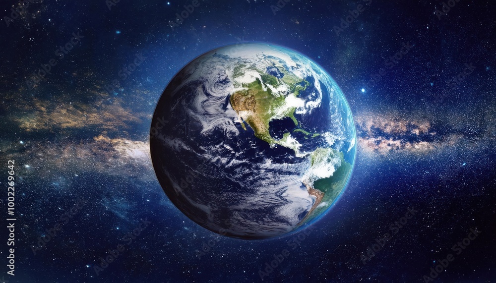 Realistic Earth Planet, rotating on its axis in space against the background of the Milky Way star sky. Astronomy and science concept. Continents and oceans. Realistic Earth Planet, rotating on its axis in space against the background of the Milky Way star sky. Astronomy and science concept. Continents and oceans.