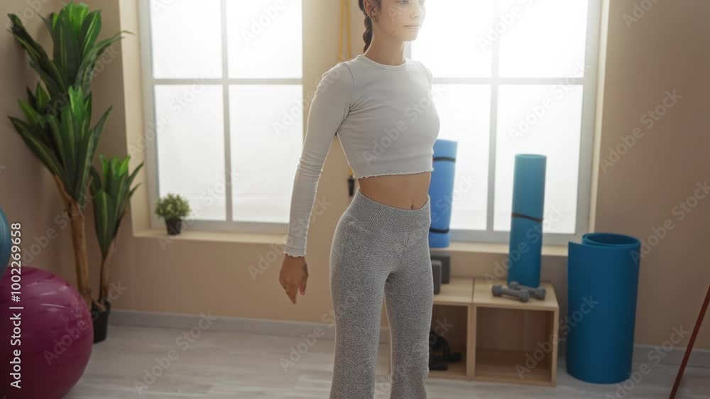 Woman exercising indoors at a gym with fitness equipment including exercise balls and plants in the background Woman exercising indoors at a gym with fitness equipment including exercise balls and plants in the background