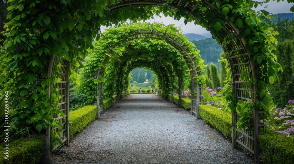Arched Vine Walkway in a Beautiful Garden Arched Vine Walkway in a Beautiful Garden