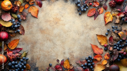 Embracing autumn with vibrant leaves, pumpkins, and berries arranged on a rus...