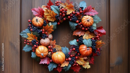 Autumn wreath with pumpkins and berries adorning a wooden door in a festive d...