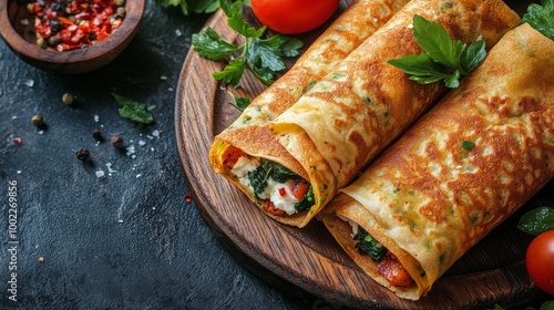 Delicious vegetarian crepes with fresh herbs and tomatoes on a wooden plate