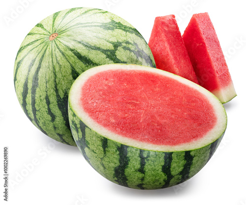 Slika na platnu Round striped watermelon and watermelon slices isolated on white background