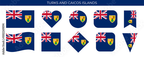 Turks and Caicos Islands flag set. National flag in various shapes. Vector illustration isolated on white background
