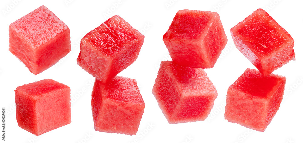 Set of watermelon cubes isolated on white background. File contains clipping paths. Set of watermelon cubes isolated on white background. File contains clipping paths.