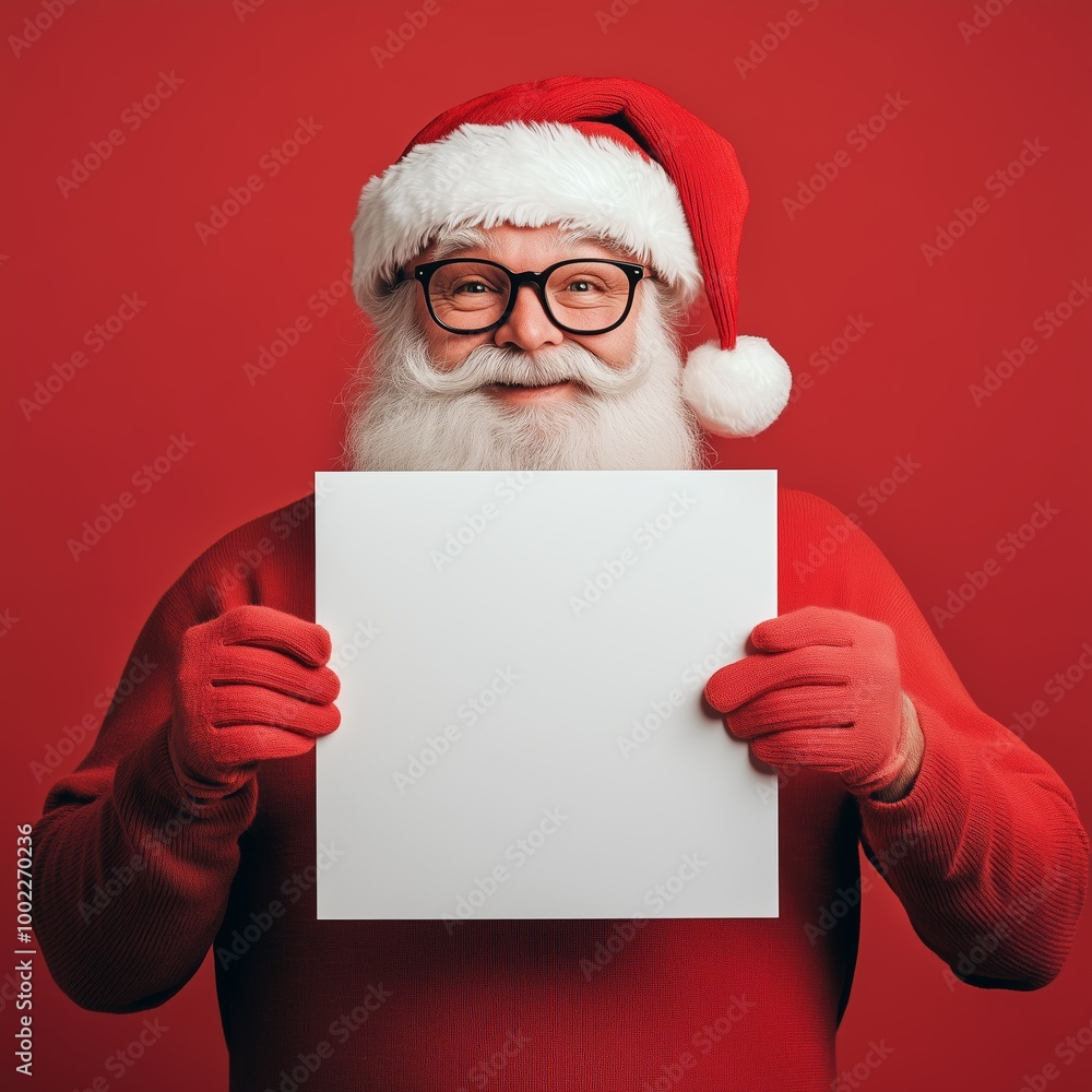 Santa Claus holding a blank white sign against a bright red background during the holiday season Santa Claus holding a blank white sign against a bright red background during the holiday season