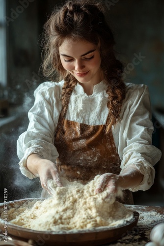 Young woman prepares flour for baking in a cozy kitchen filled with fresh bread