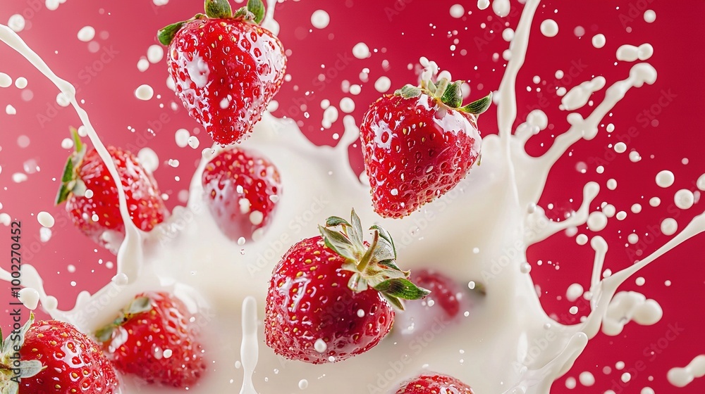 A cluster of strawberries descending into a milkshake with splattering milk on the surface of the strawberries A cluster of strawberries descending into a milkshake with splattering milk on the surface of the strawberries