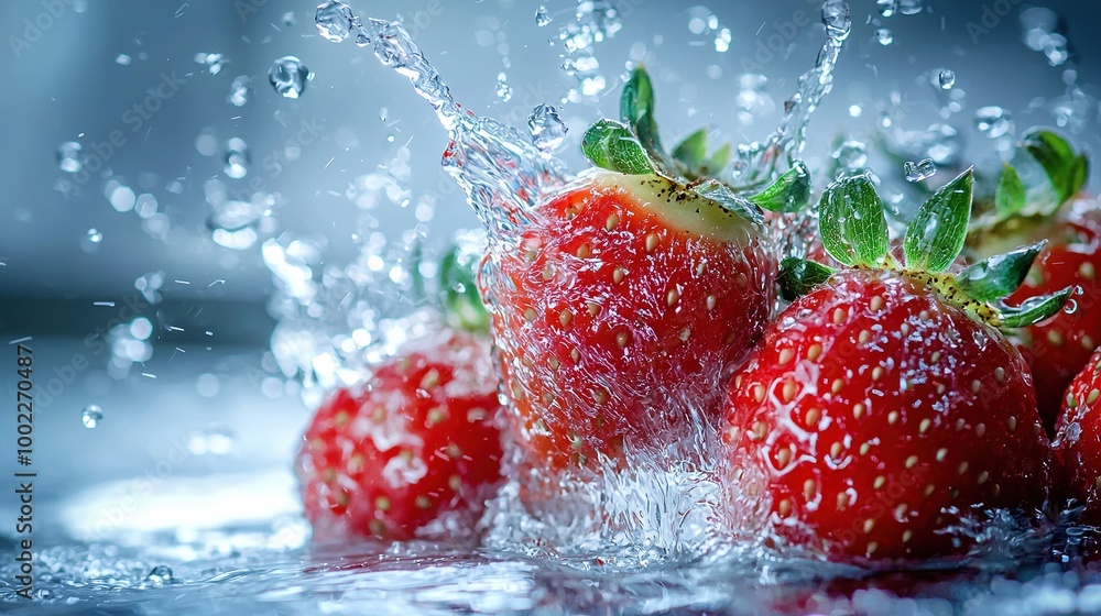 A cluster of strawberries splashing into a glass of water, topped by a green leaf on one strawberry A cluster of strawberries splashing into a glass of water, topped by a green leaf on one strawberry