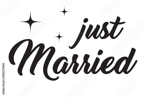 Just Married hand lettering phrase. Vector brush calligraphy text design isolated on white background.