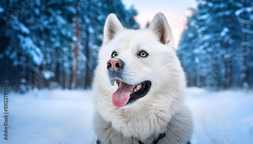 A white husky with bright eyes and a playful expression stands in a snowy forest. The serene winter landscape enhances the dog's striking appearance, showcasing its majestic fur and lively nature.