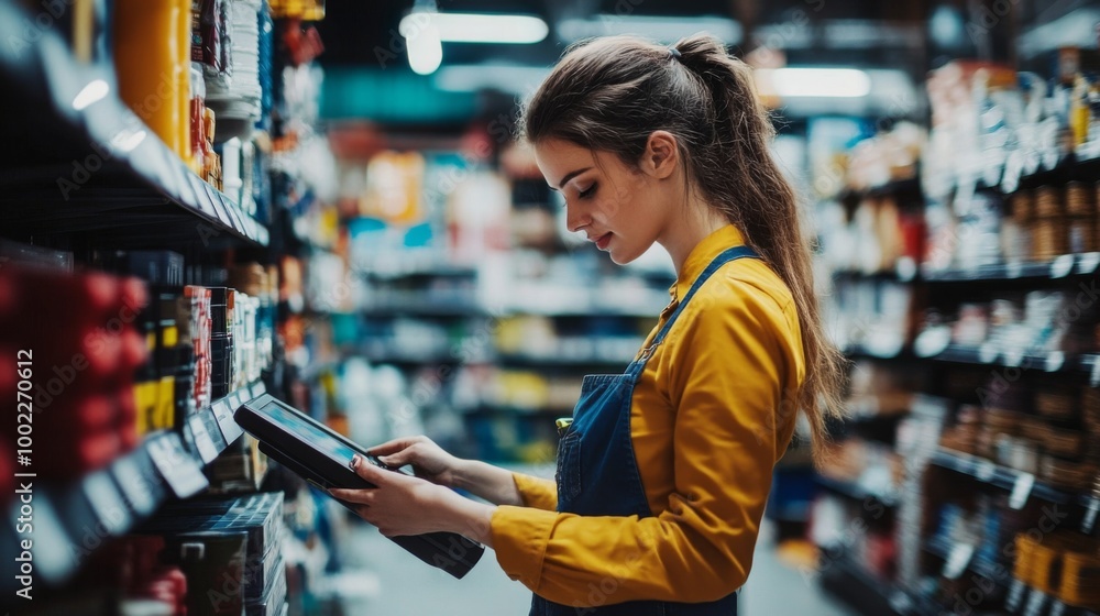 Young Woman Using a Handheld Scanner in a Grocery Store Aisle Young Woman Using a Handheld Scanner in a Grocery Store Aisle