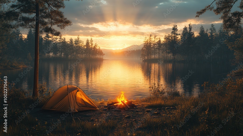 A lone tent sits by a campfire on the shore of a lake at sunset. The sun shines through the clouds and reflects on the calm water, creating a peaceful and tranquil scene. A lone tent sits by a campfire on the shore of a lake at sunset. The sun shines through the clouds and reflects on the calm water, creating a peaceful and tranquil scene.