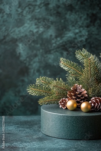 Festive arrangement with pinecones and golden ornaments on a dark green backd...