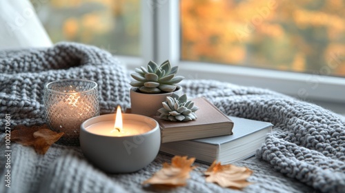 Cozy autumn atmosphere with candles, books, and succulents near a window