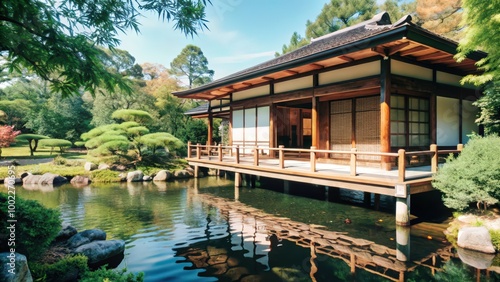 Traditional Japanese House on Stilts Over a Serene Pond in a Lush Garden