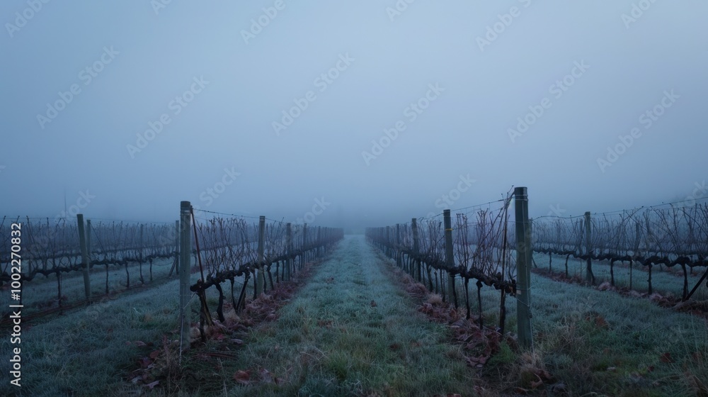 Fototapeta premium Foggy Vineyard Landscape with Barely Visible Grape Vines