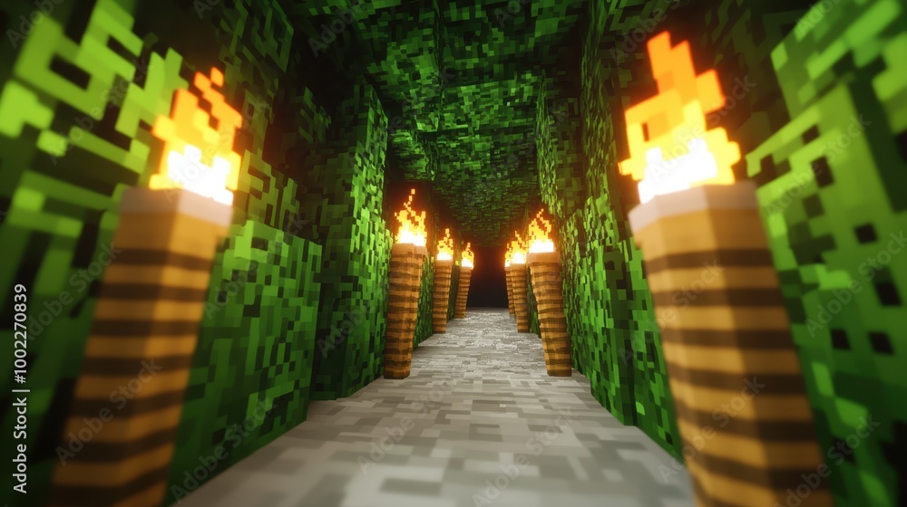 Pixelated Underground Dungeon with Glowing Torches Pixelated Underground Dungeon with Glowing Torches