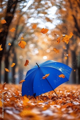 Blue umbrella resting on colorful autumn leaves in a tranquil park