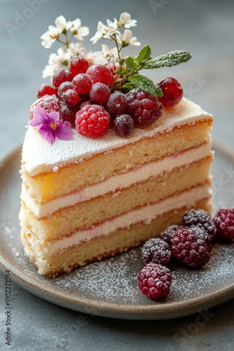 Layered cake topped with fresh berries and flowers on a rustic plate photo