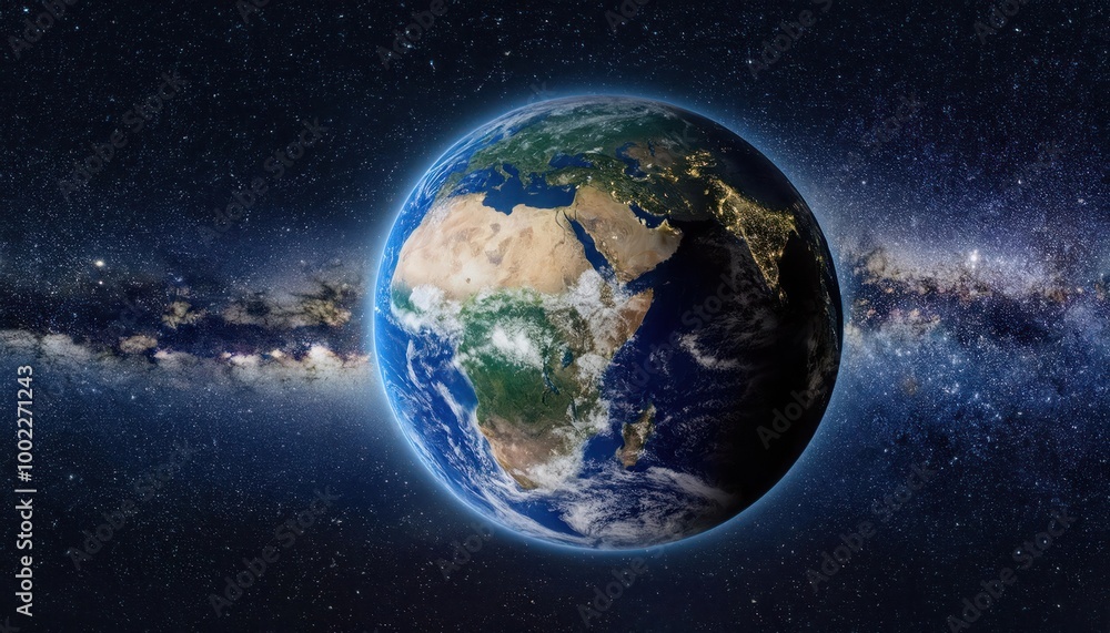 Realistic Earth Planet, rotating on its axis in space against the background of the Milky Way star sky. Astronomy and science concept. Continents and oceans. Realistic Earth Planet, rotating on its axis in space against the background of the Milky Way star sky. Astronomy and science concept. Continents and oceans.