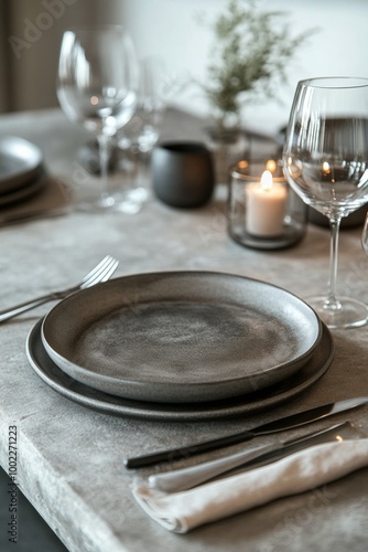 Elegant dining table set with neutral decor and glassware in a bright indoor ...