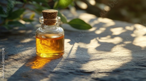 Glass bottle with essential oil resting on a stone surface in natural light