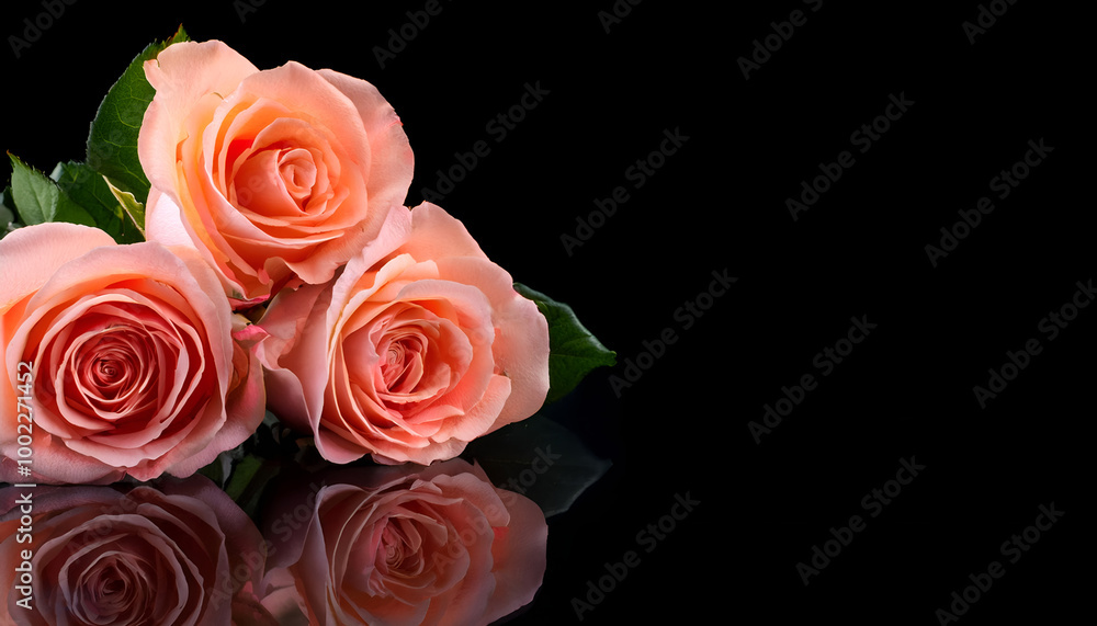 A stunning arrangement of three pink roses with lush green leaves, beautifully reflected on a sleek black surface. Perfect for themes of romance, elegance, and natural beauty. A stunning arrangement of three pink roses with lush green leaves, beautifully reflected on a sleek black surface. Perfect for themes of romance, elegance, and natural beauty.