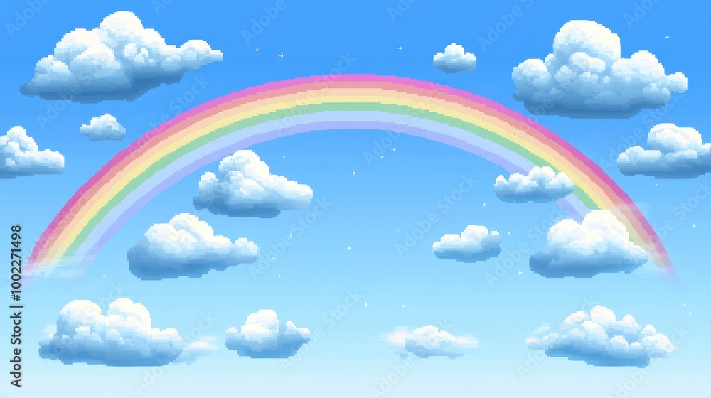 Colorful Rainbow Over Scattered White Clouds in Sky Colorful Rainbow Over Scattered White Clouds in Sky