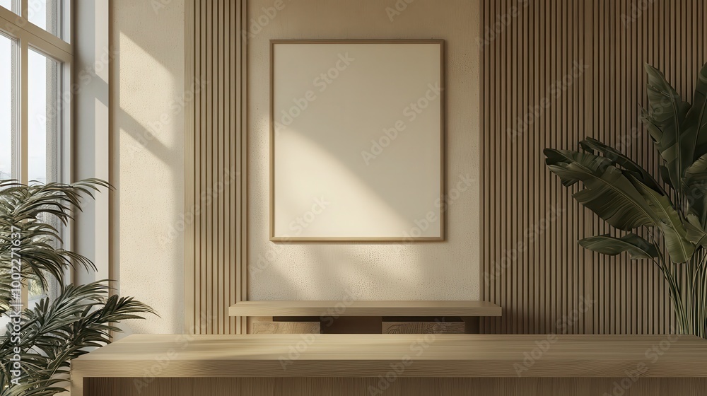Mock up frame in a minimalist businessman’s office with clean white walls, natural wooden furniture, 3D render Mock up frame in a minimalist businessman’s office with clean white walls, natural wooden furniture, 3D render
