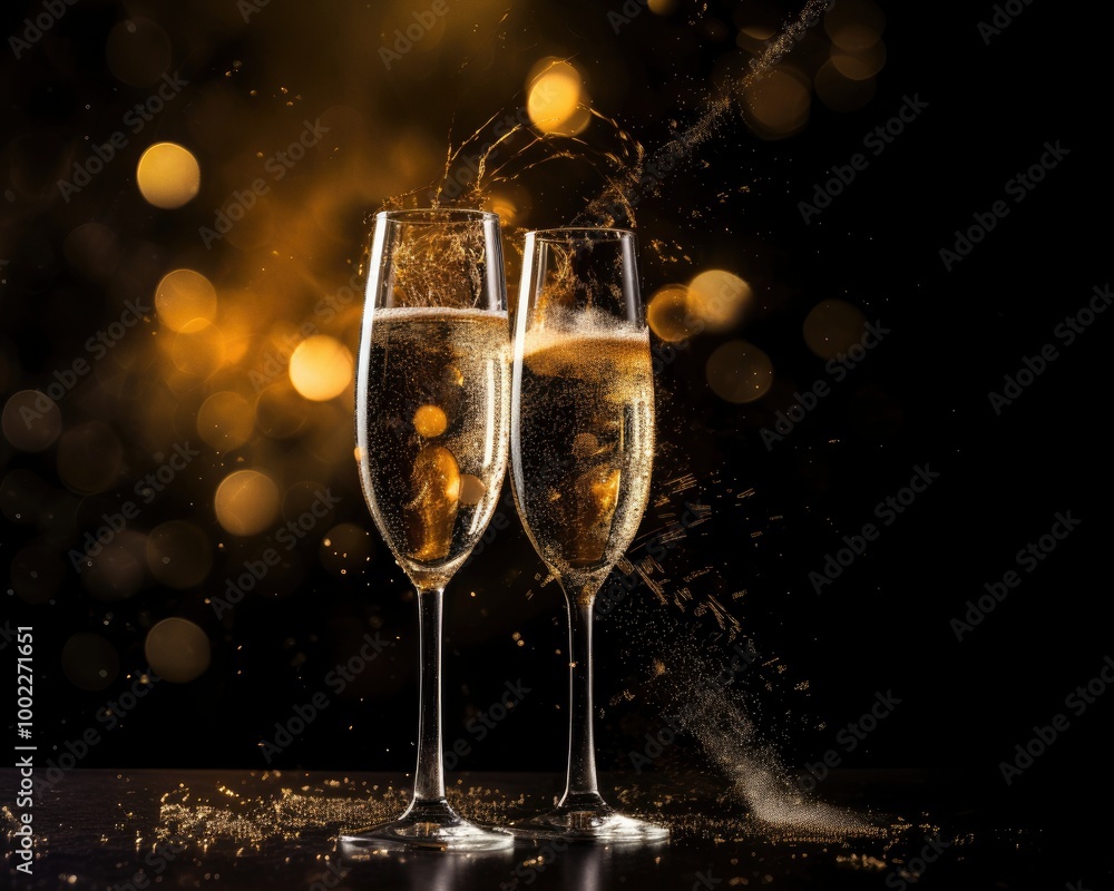 Celebration toast with champagne on dark and gold sparkle background Celebration toast with champagne on dark and gold sparkle background