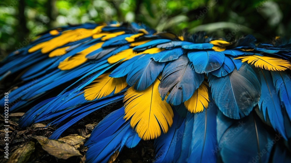 Fototapeta premium A close-up photo of a blue and yellow bird's feathers on its back