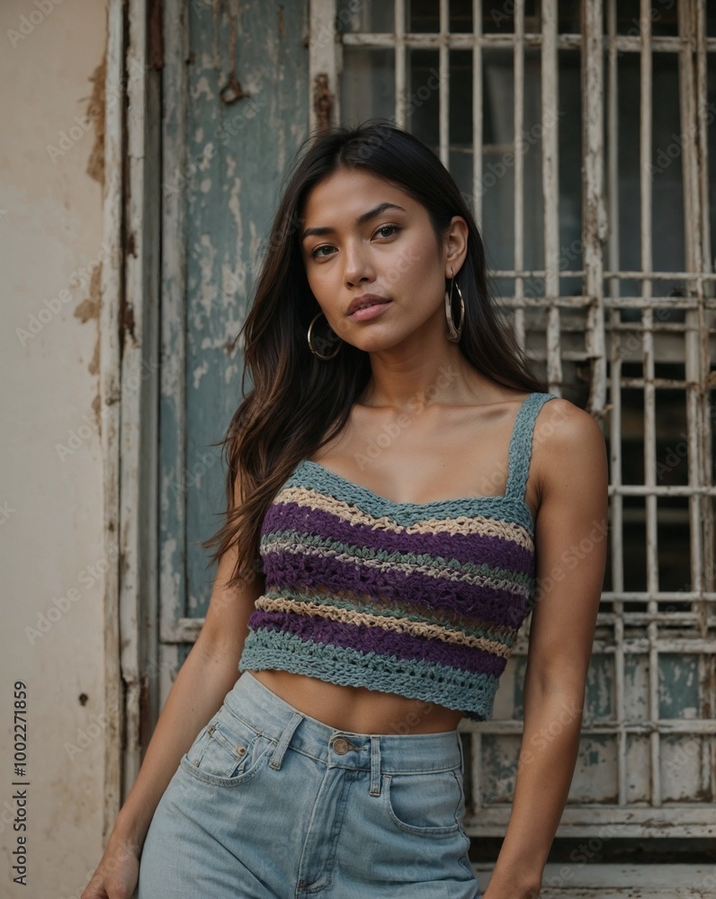 Fototapeta premium Confident woman in handmade crochet crop top posing in front of vintage distressed metal gate.