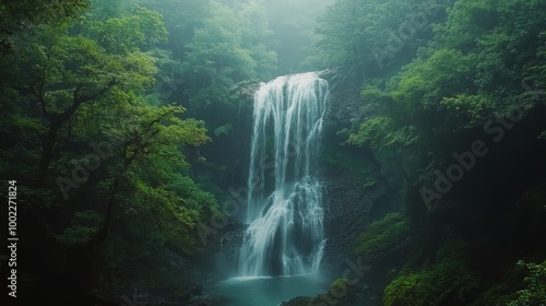 Lush waterfall cascading into serene pool in a misty forest during early morning