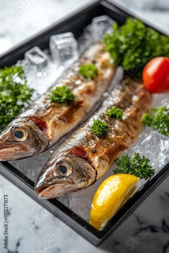 Freshly prepared fish on ice with lemon and herbs in a restaurant display