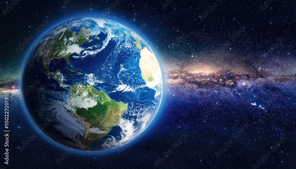 Realistic Earth Planet, rotating on its axis in space against the background of the Milky Way star sky. Astronomy and science concept. Continents and oceans. Realistic Earth Planet, rotating on its axis in space against the background of the Milky Way star sky. Astronomy and science concept. Continents and oceans.