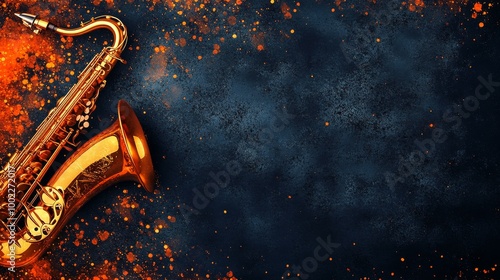 Golden saxophone resting on a textured background with orange and blue splash...