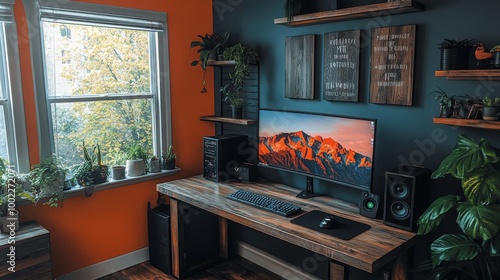 Cozy home office workspace with dual monitors and greenery in a tranquil setting