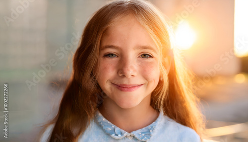 A joyful young girl with a gentle smile enjoying the golden sunlight outdoors. The image captures happiness and innocence with her hair glowing in the warm evening light.