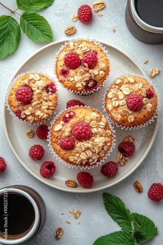 Freshly baked raspberry muffins with oats displayed on a plate surrounded by ...