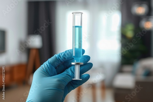 Blue gloved hand holding a vial with male symbol  hormones injections  concept steroids photo