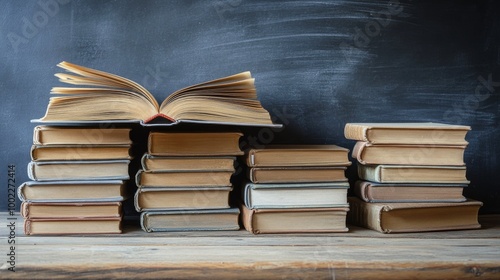 Stacked old books with an open book on top against a chalkboard background