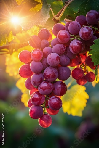 Red grapes hanging on a vine at sunset in a vineyard