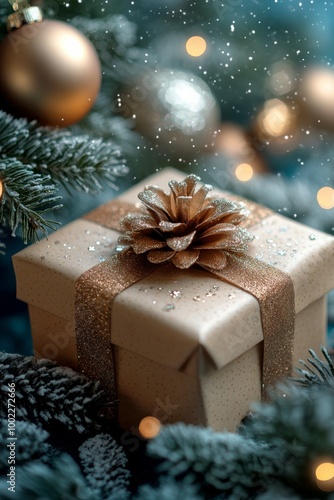 Beautifully wrapped Christmas gift adorned with a pinecone surrounded by fest...