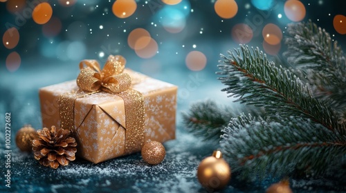 A beautifully wrapped gift surrounded by festive decorations in a cozy winter...